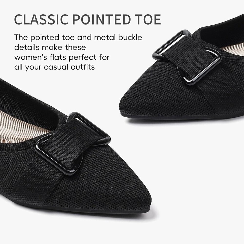 Women's Pointed Toe Flats Arch Support Dress Shoes Work Causal Ballets Black - Picture 3 of 9